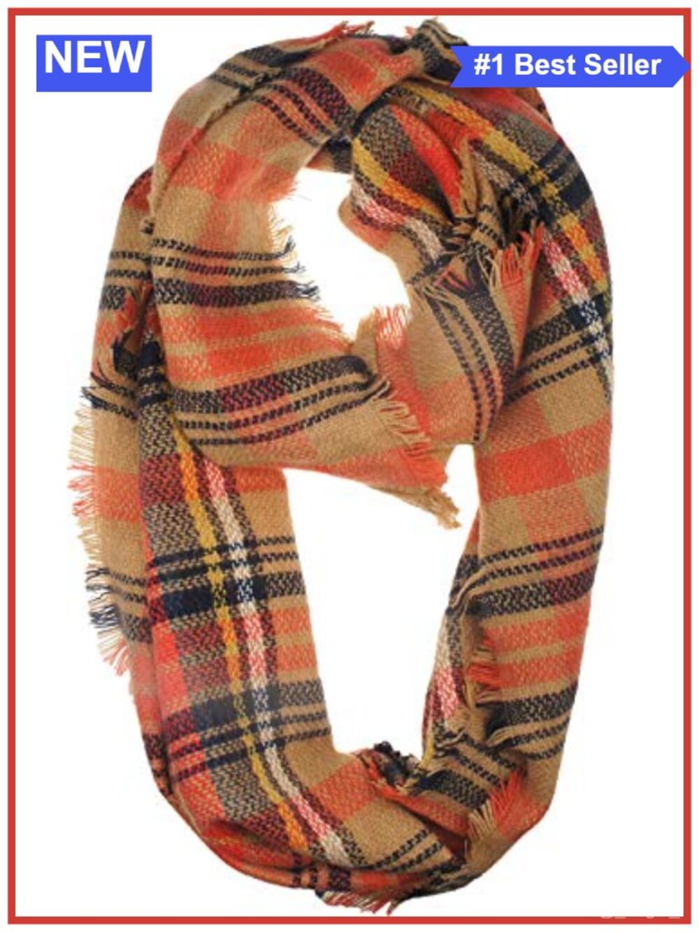 Woven Plaid Infinity Scarf Fringe Tartan Cold Weather Wrap